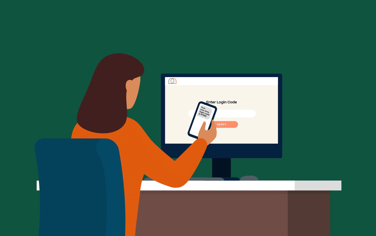 Woman on computer receiving OTP on phone