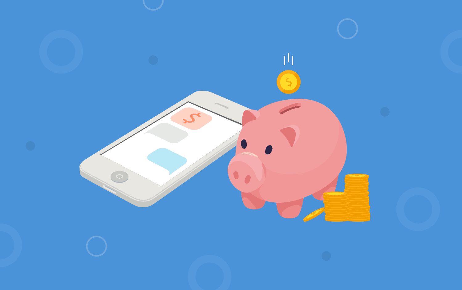 Piggy bank and smartphone with text messages