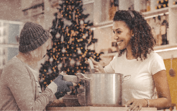 Woman at soup kitchen during Christmastime