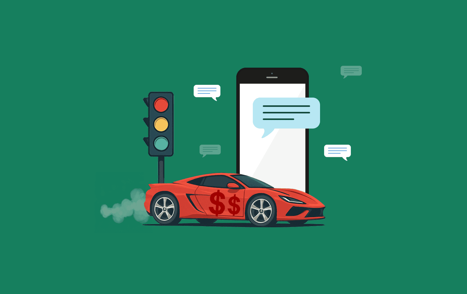 Header image showing a stoplight, car with money symbols, and a phone with text message bubbles