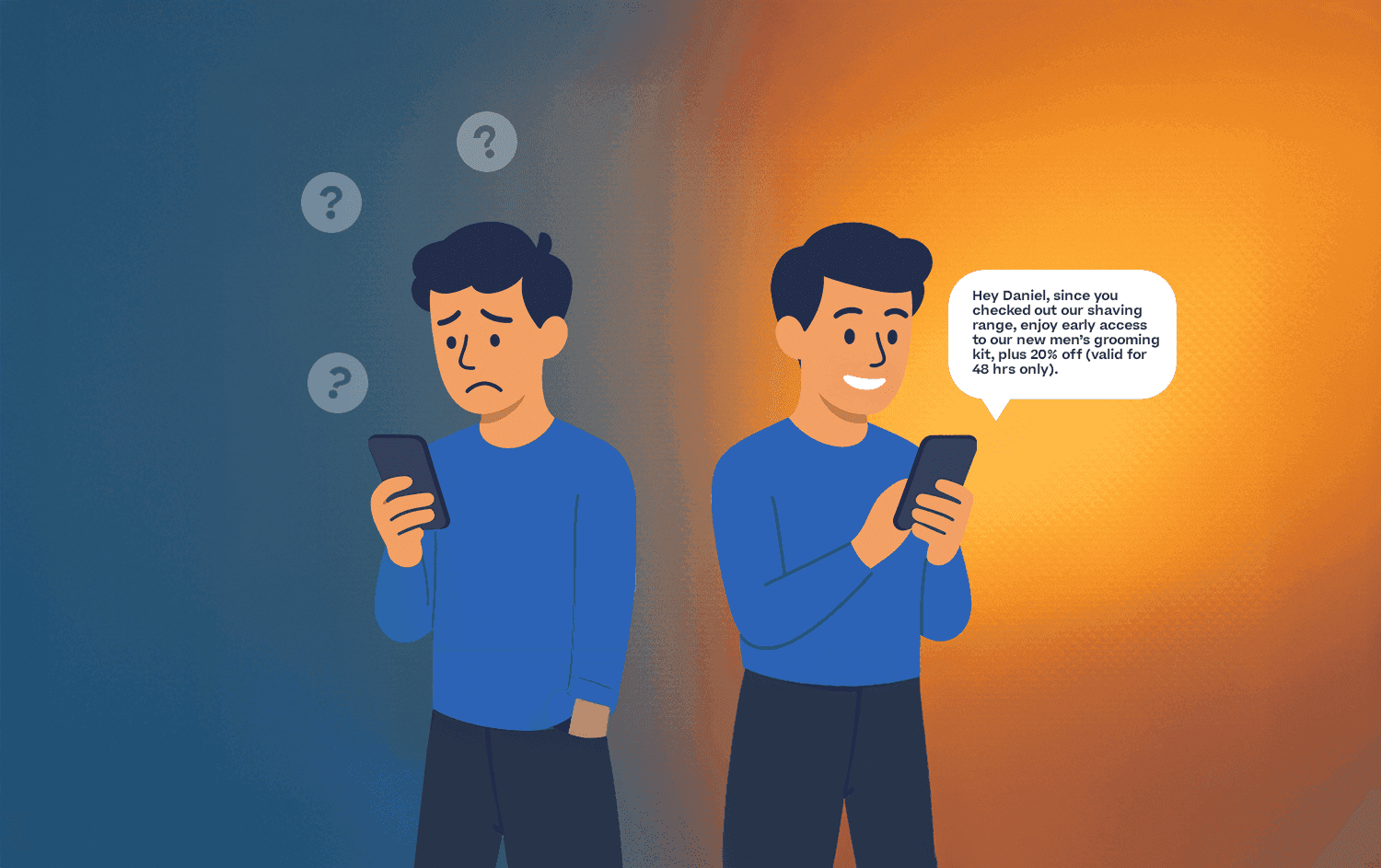 Header image showing a man looking confused on his phone and then happy and receiving a personalized text message