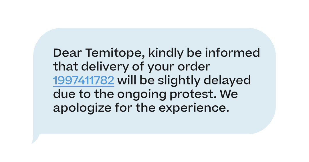 SMS example of delayed shipping update