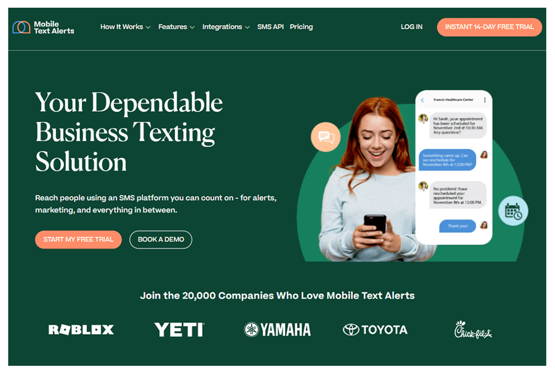 Screenshot of Mobile Text Alerts home page