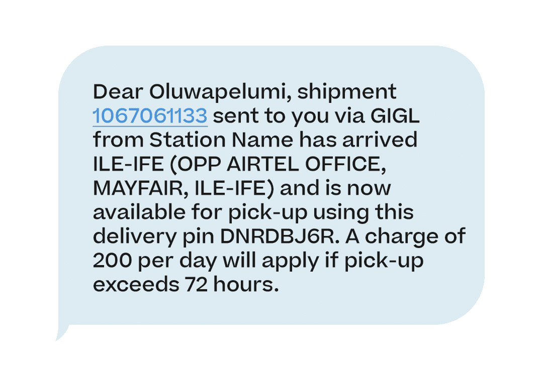 SMS example of a delivery confirmation