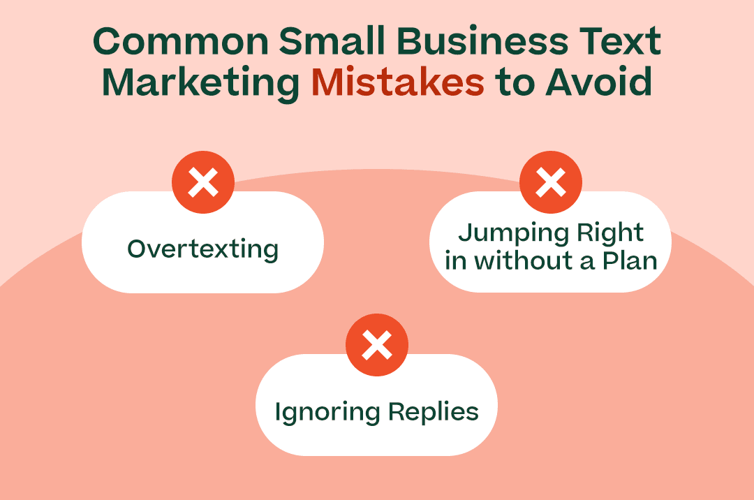 "Common Small Business Text Marketing Mistakes to Avoid” with the subpoints above and red X’s next to each