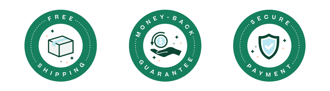 graphic showcasing badges for secure payment money-back guarantees, and free shipping