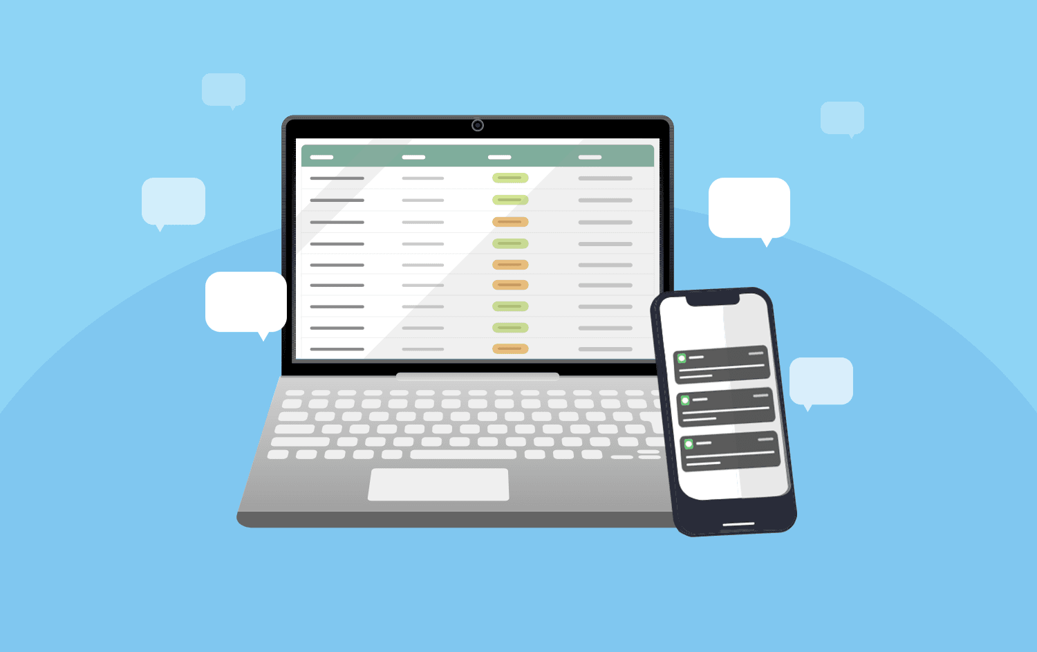 Cartoon representation of a sleek, minimalist interface showing CRM software on a computer screen and a smartphone side by side, with text notifications or messages appearing on the phone.
