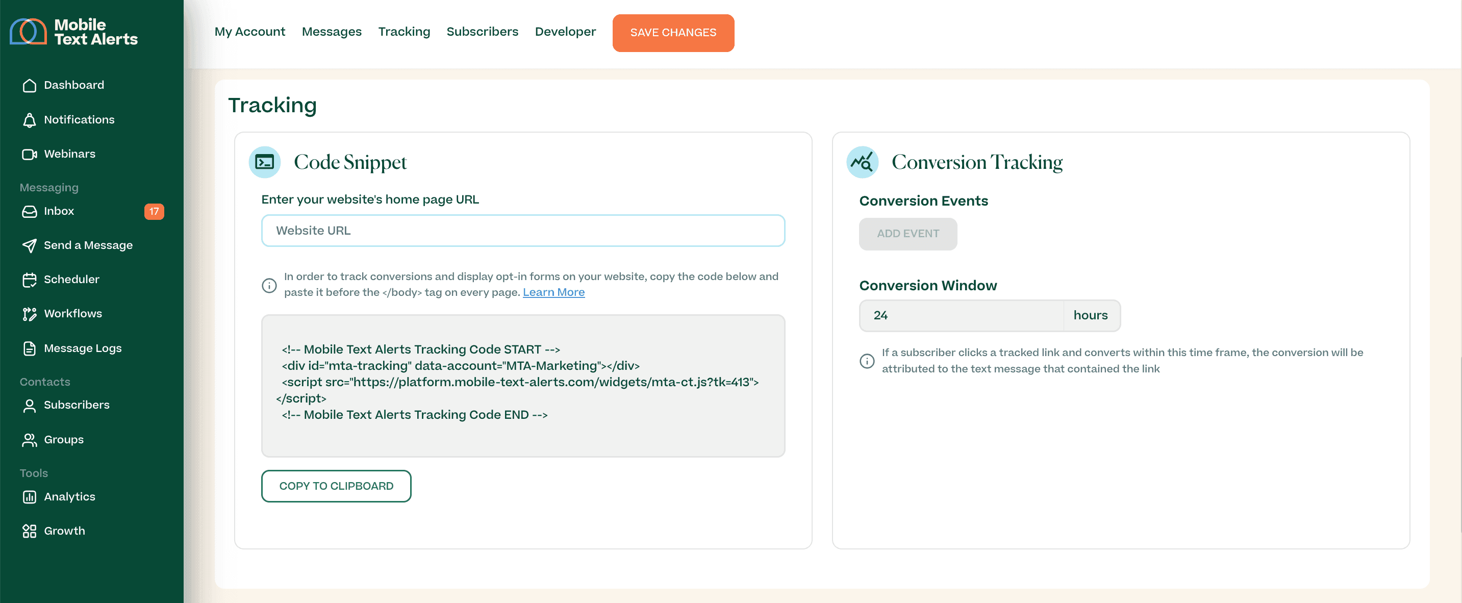 Screenshot showing the conversion tracking feature in the Mobile Text Alerts dashboard
