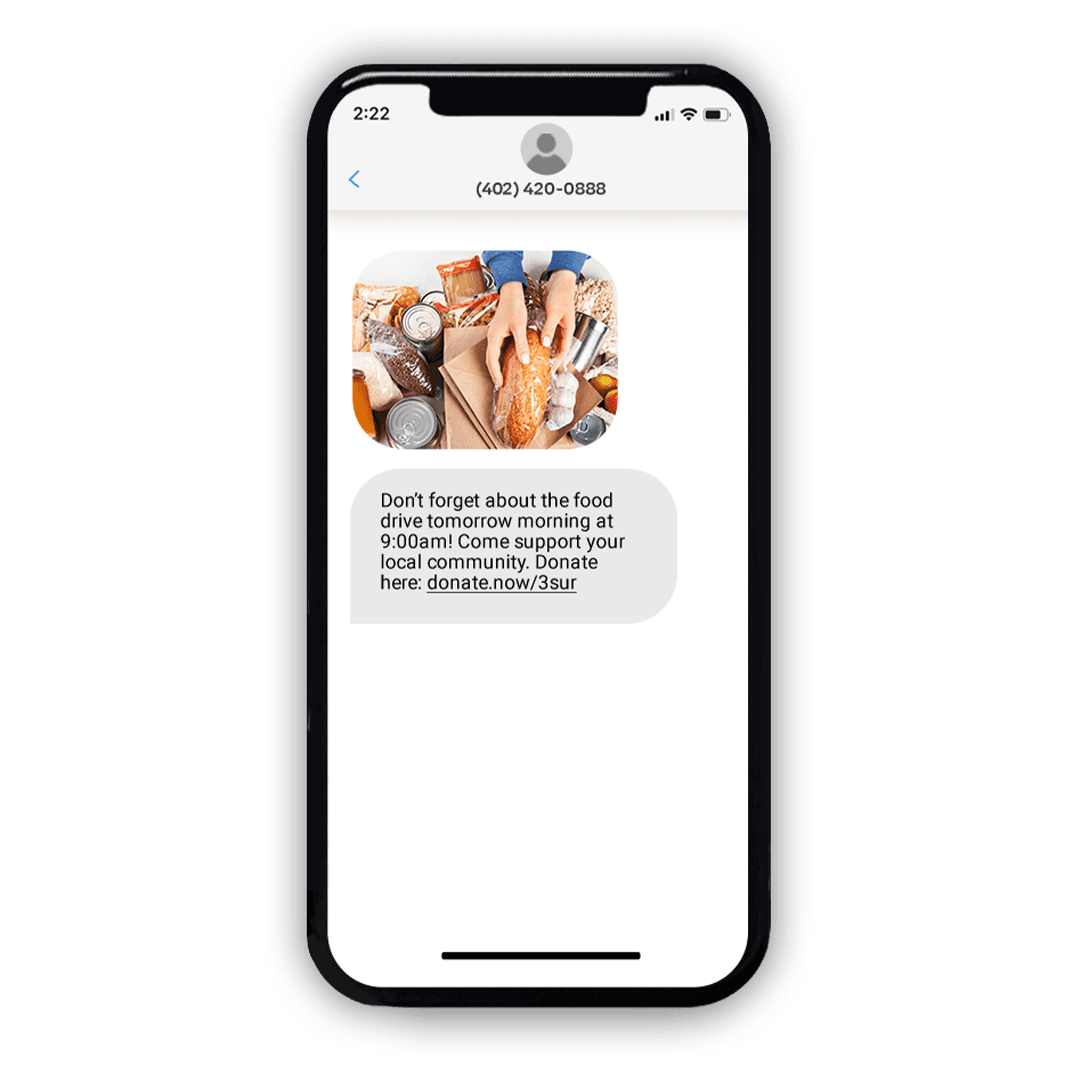 Nonprofit text message example about food drive