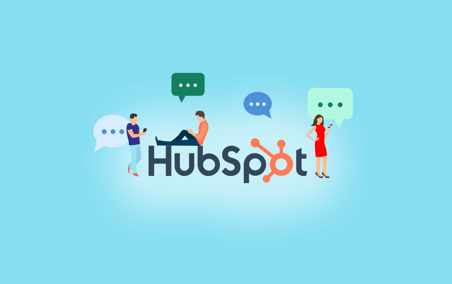 HubSpot icon and cartoon representation of people receiving text messages and graph showing increase in sales