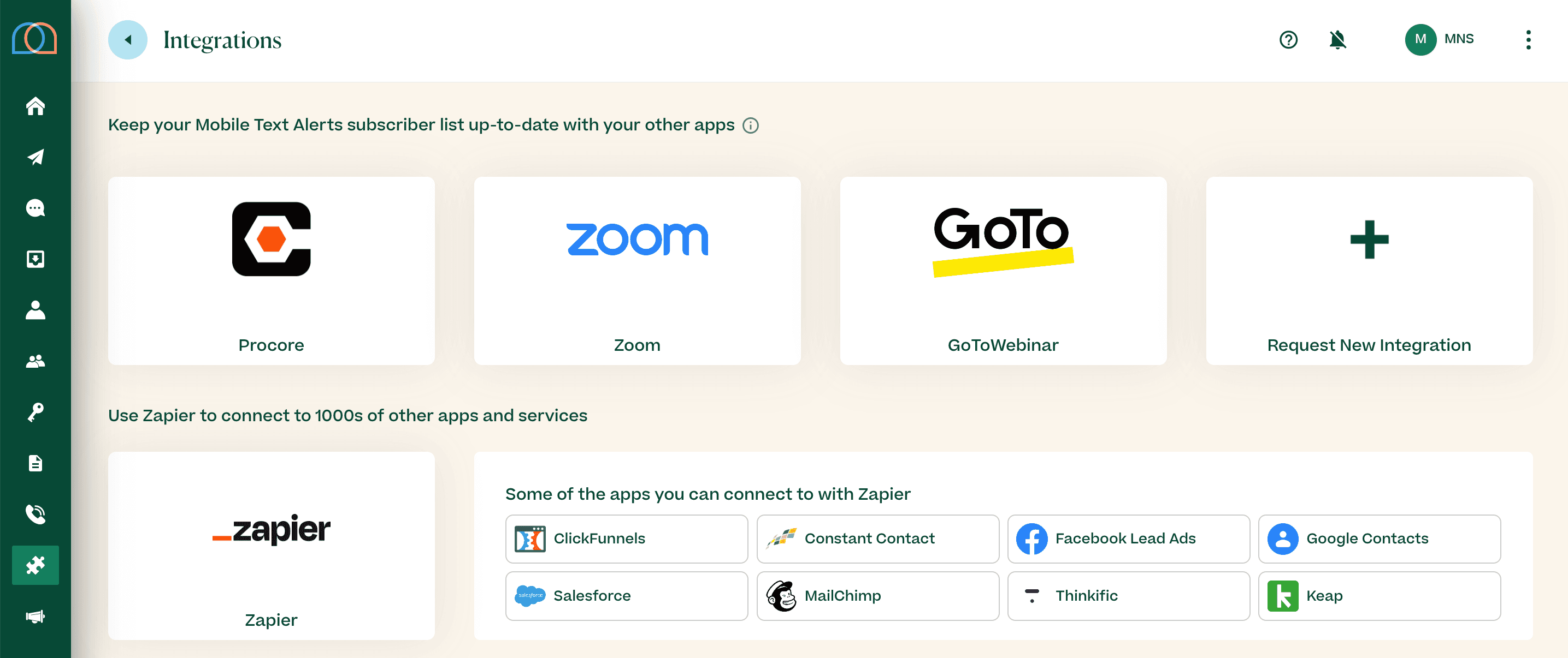 Screenshot of integrations page in Mobile Text Alerts dashboard