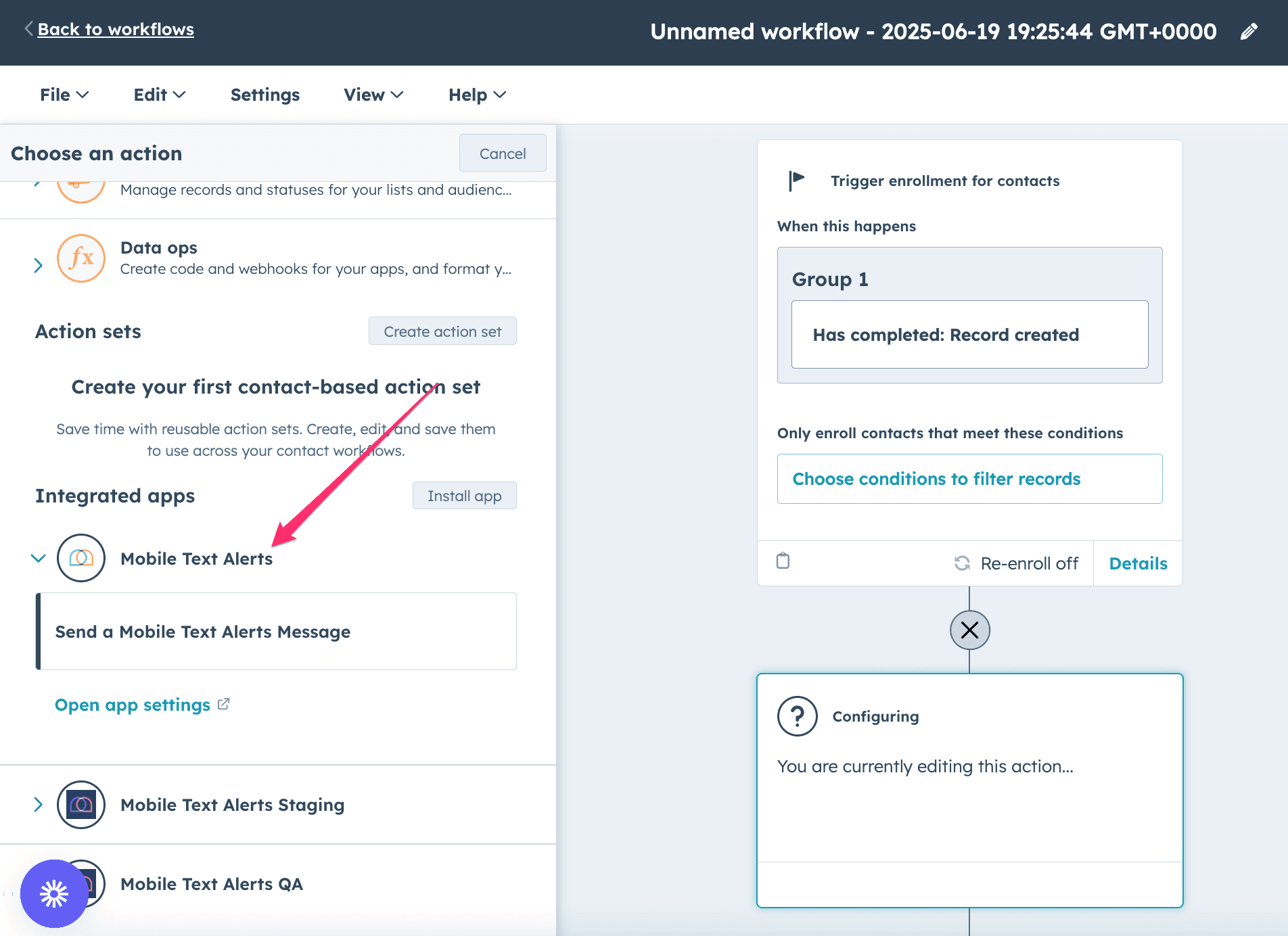 Mobile Text Alerts workflow example within HubSpot