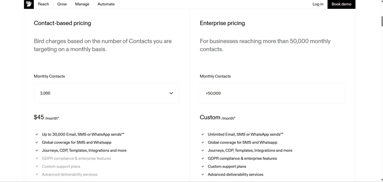Screenshot of MessageBird pricing