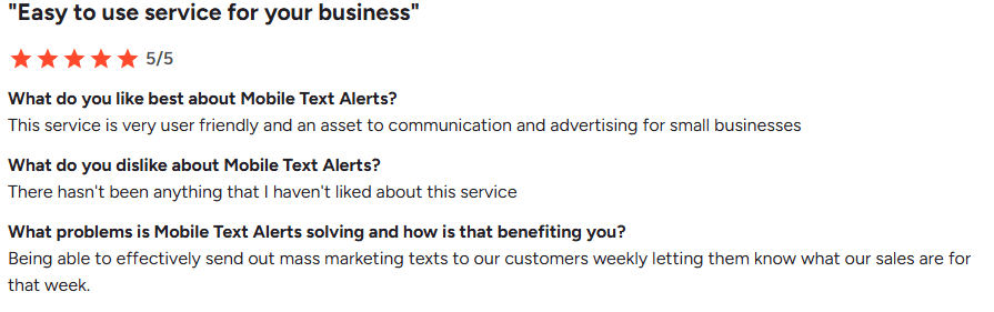 Screenshot of G2 review for Mobile Text Alerts