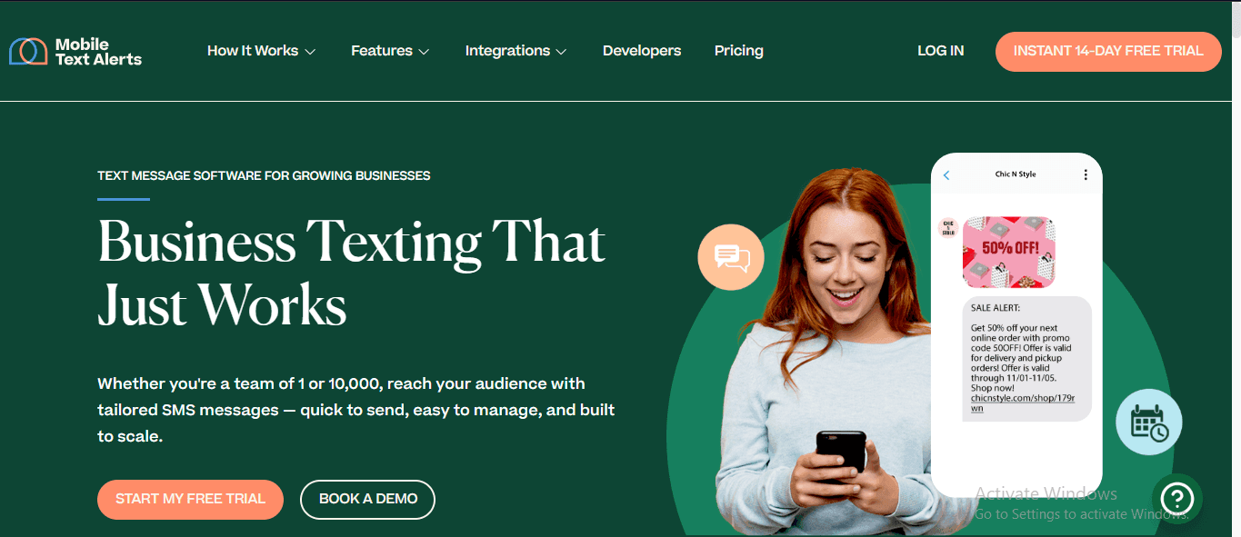 Screenshot of Mobile Text Alerts home page