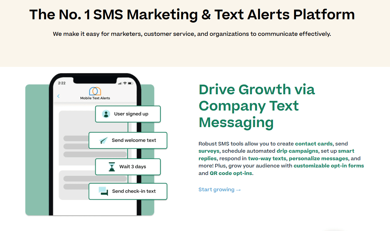 Screenshot of segment of Mobile Text Alerts home page