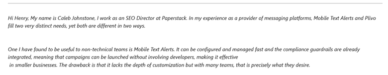 Screenshot of review of Mobile Text Alerts