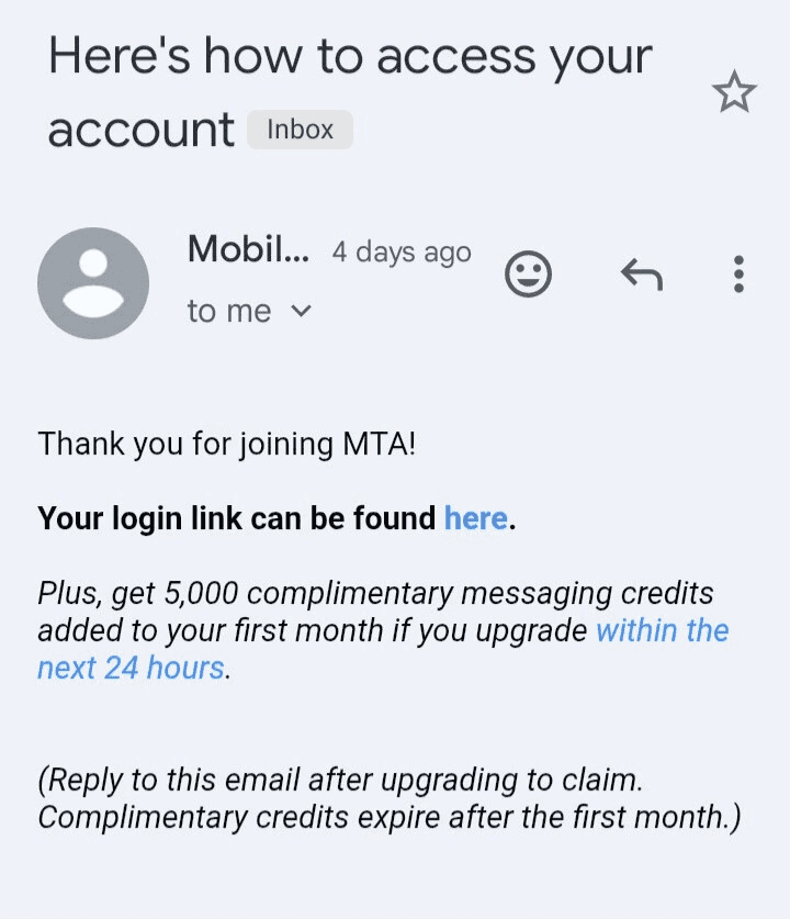 Screenshot of welcome email for Mobile Text Alerts