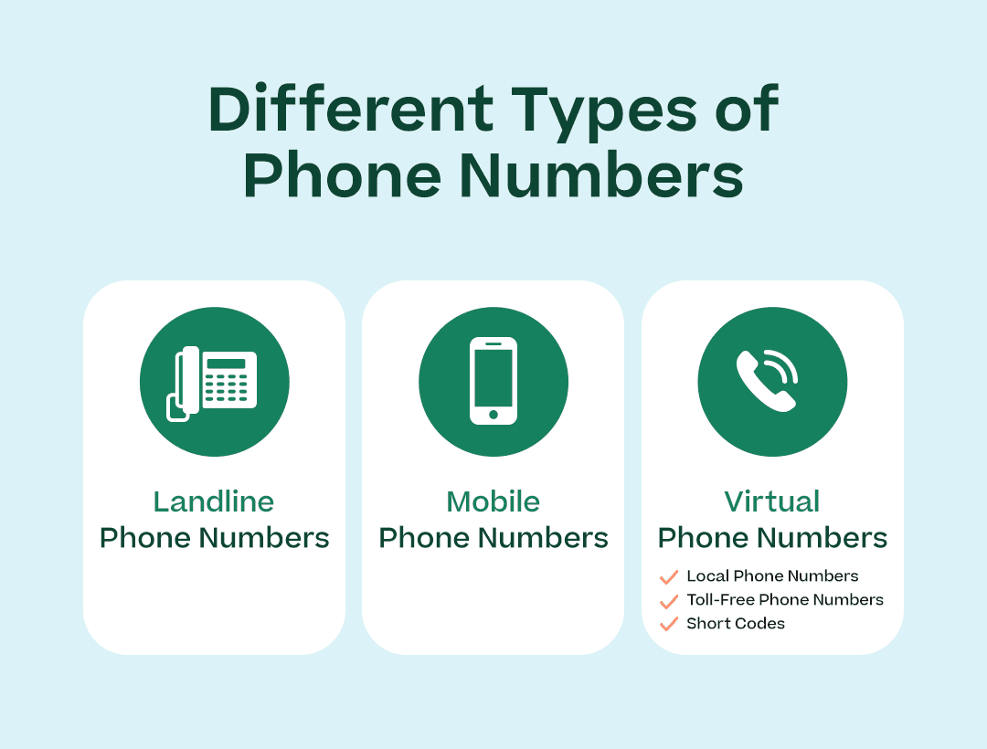 Different Types of Phone Numbers” with each of the subheadings below (and including the bolded text under the Virtual Phone Numbers subheading, showing phone icons