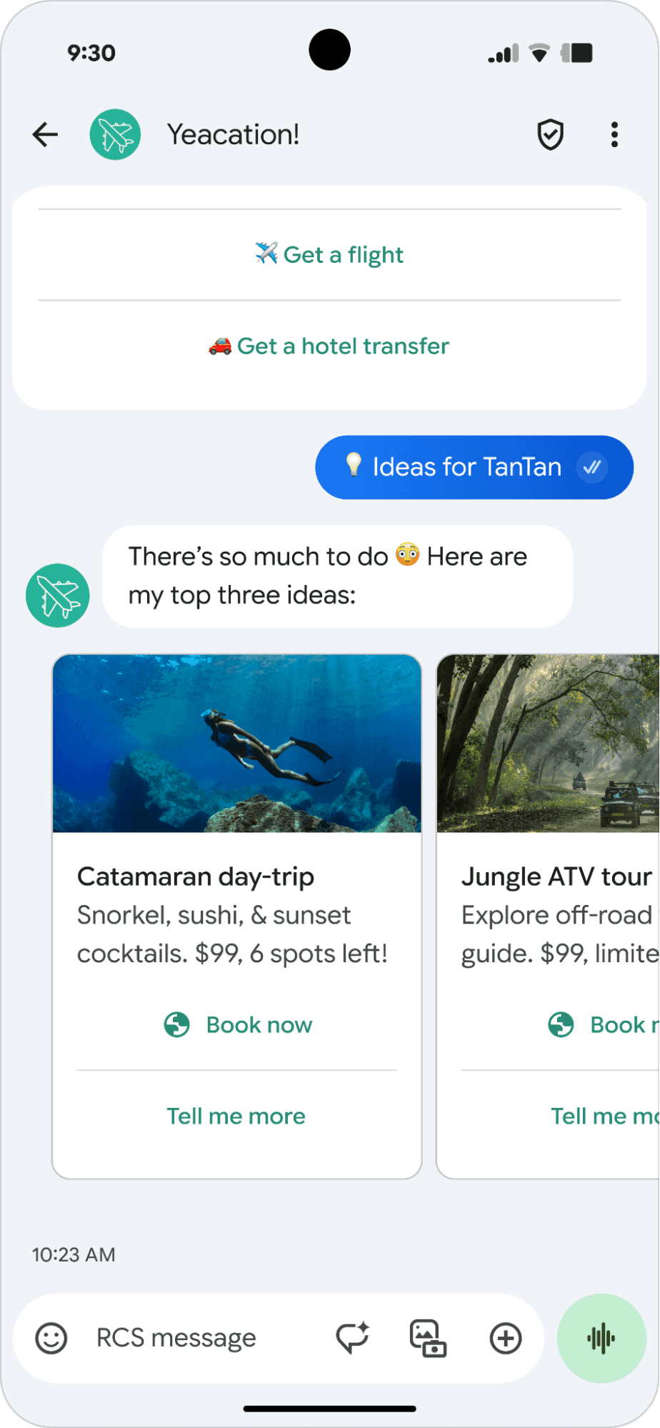 Example showing a rich card carousel in an RCS message