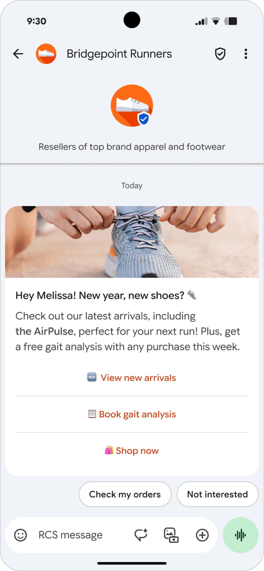 Example showing suggested actions in an RCS message