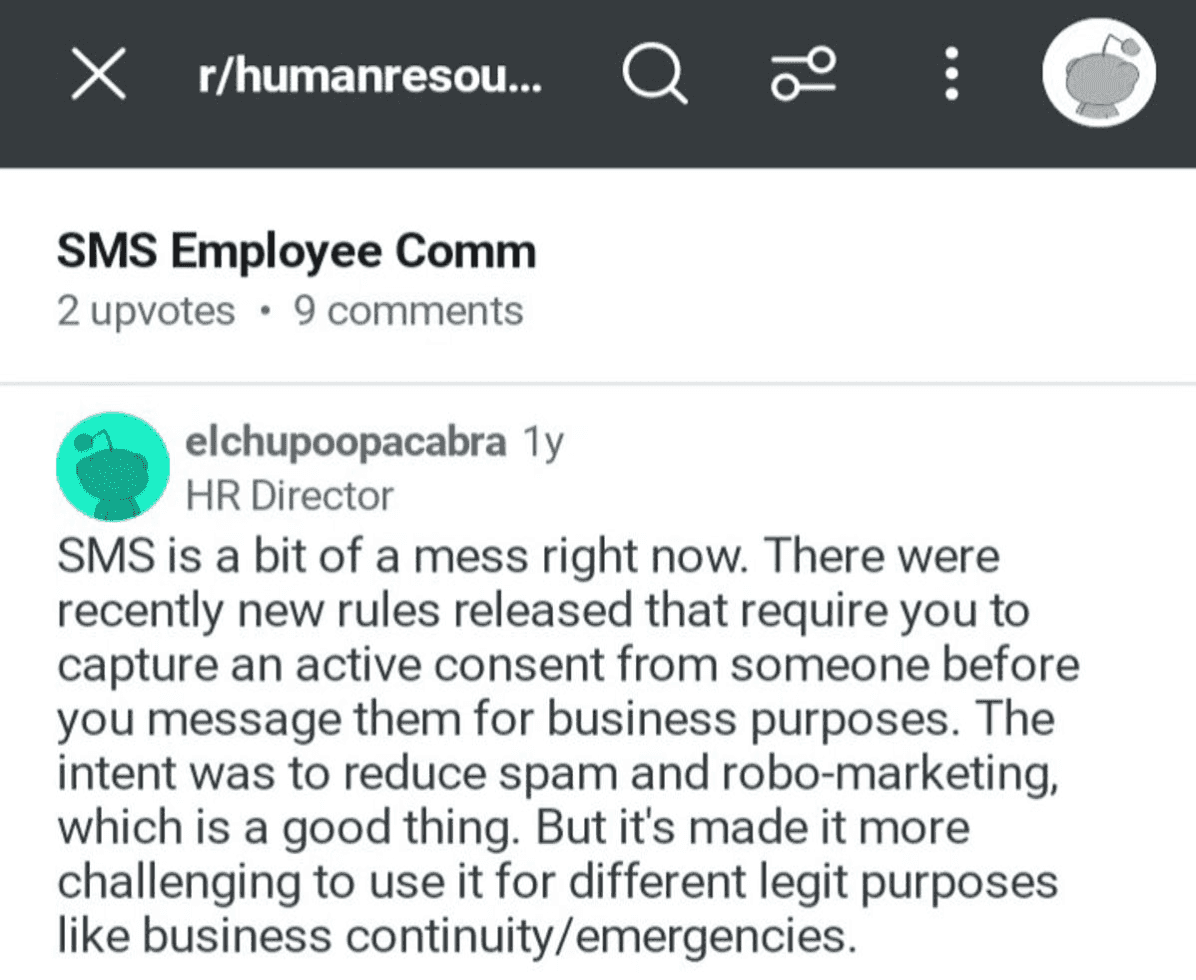 Screenshot of Reddit comment about SMS consent