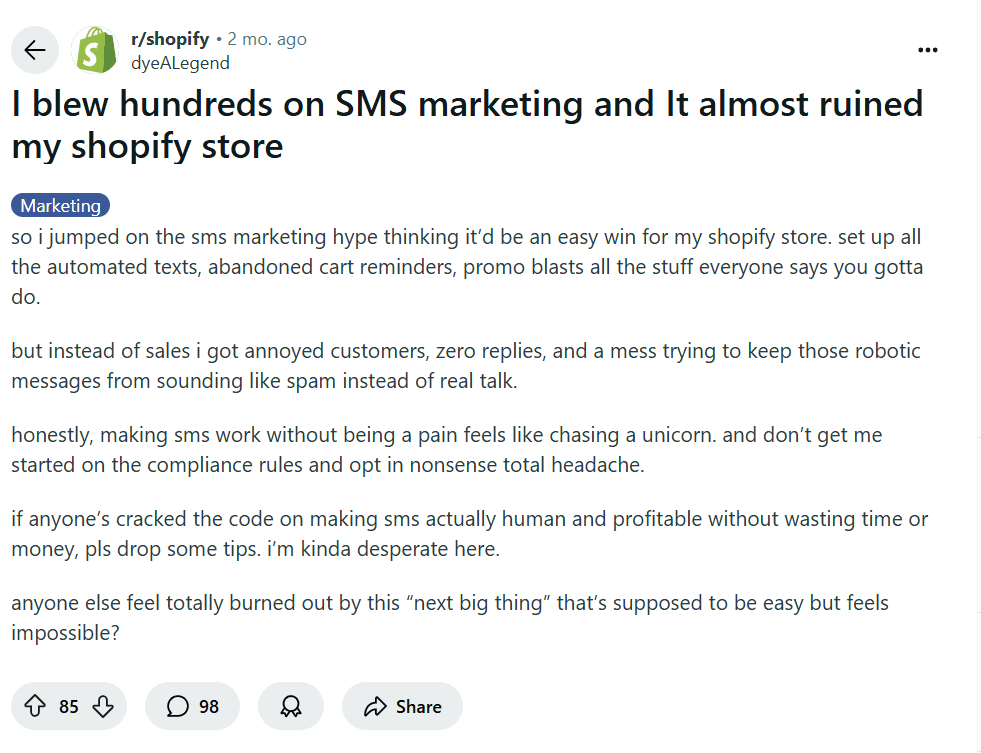Reddit thread about SMS marketing