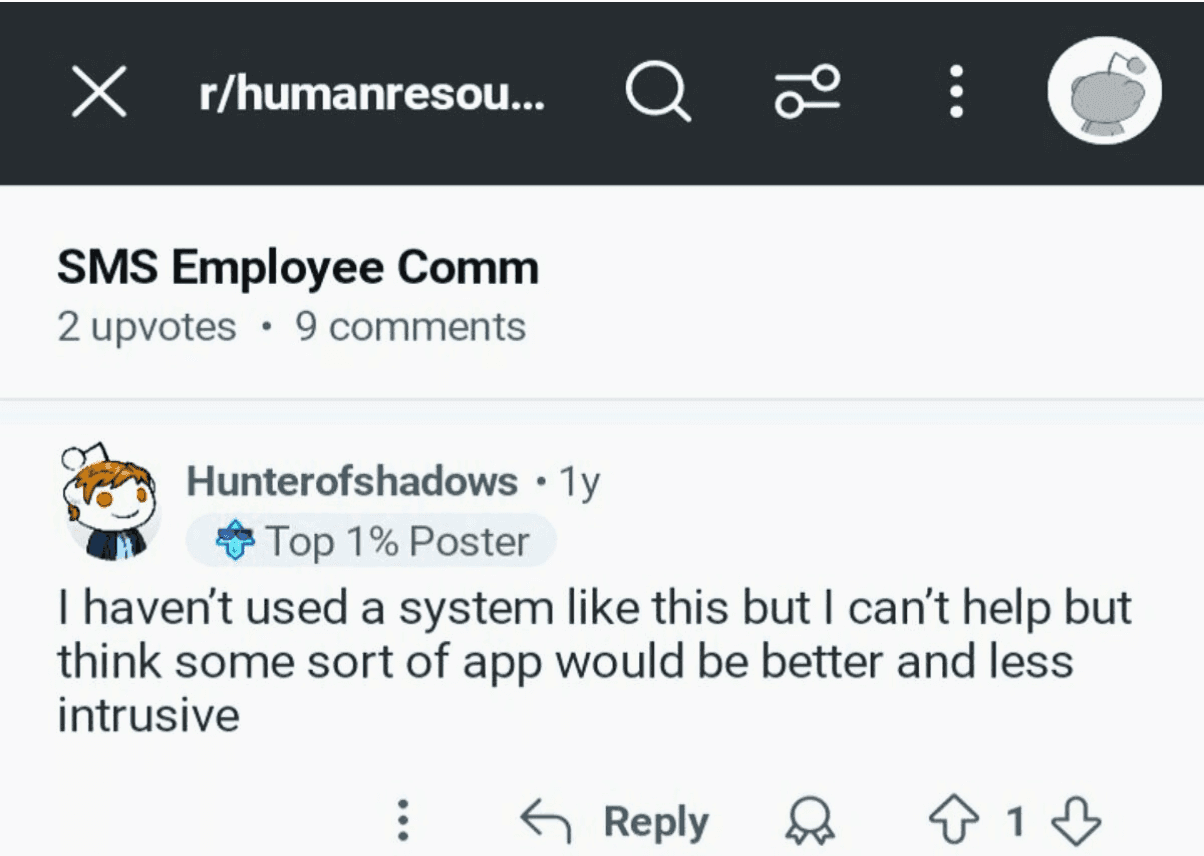 Screenshot of Reddit user expressing concern about using SMS for employee communication