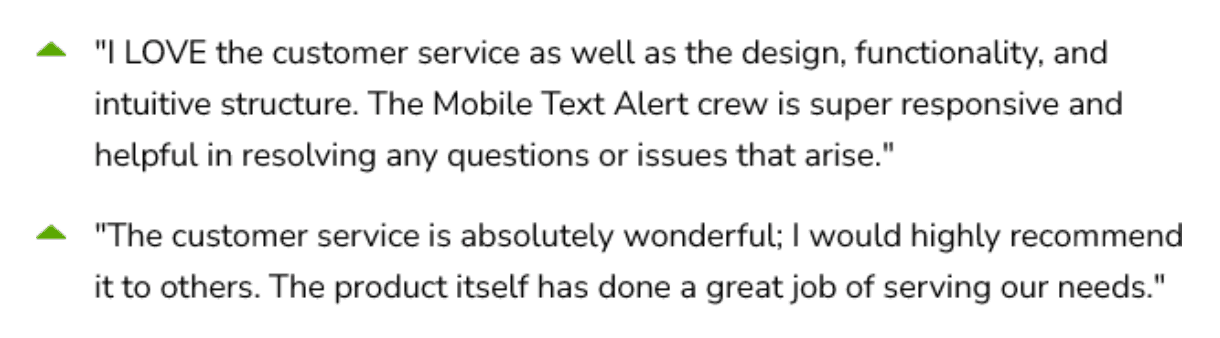 Reviews on the customer service at Mobile Text Alerts