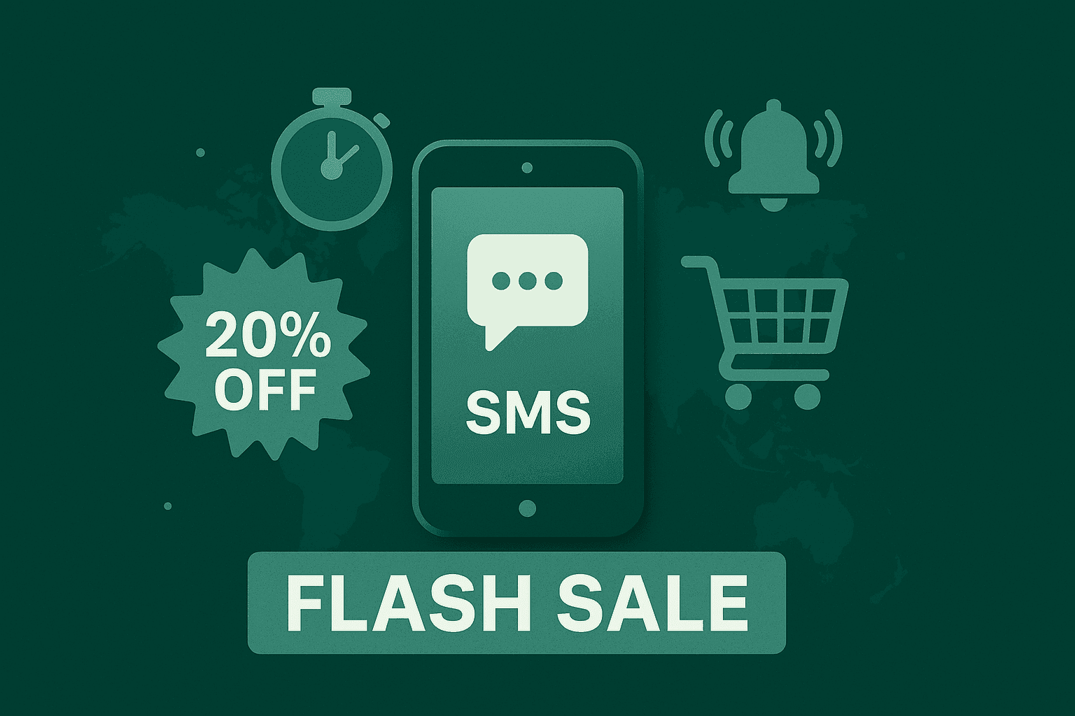 Header image showing a shopping cart, alarm bell, stopwatch, smartphone with an SMS icon within, and a "20% off" sticker with the words "Flash Sale" on the bottom