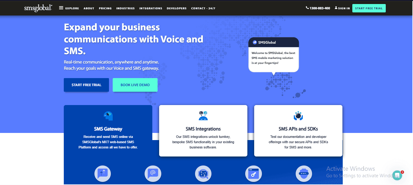 Screenshot of SMSGlobal home page
