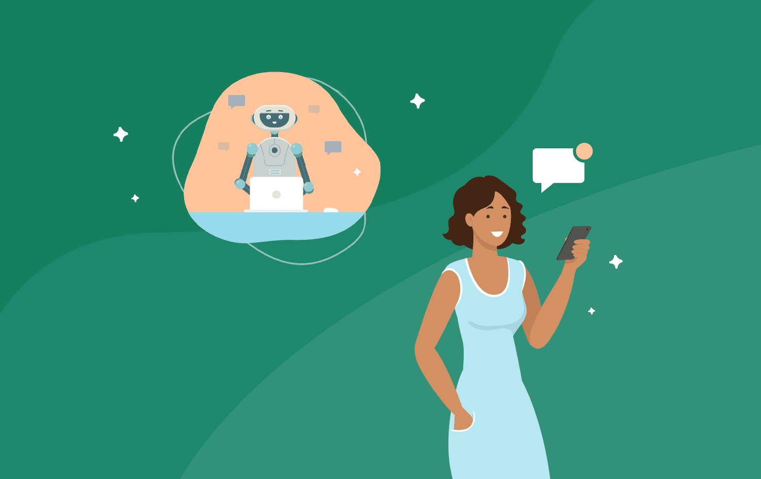 cartoon representation of a happy robot texting a happy customer