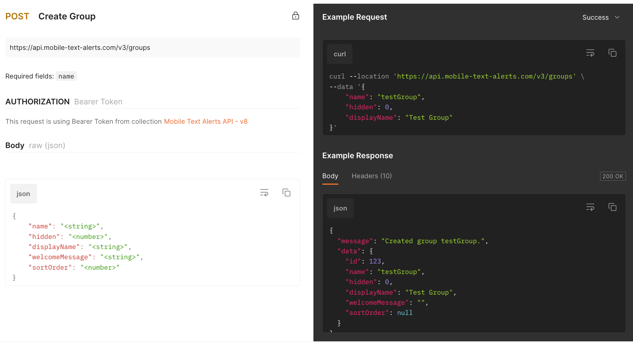 SMS API documentation example 2