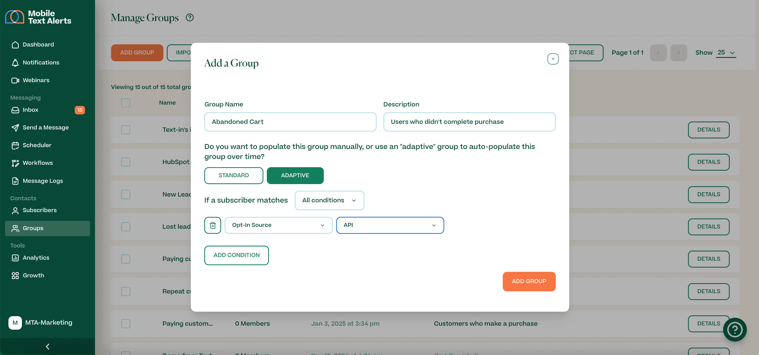 Screenshot showing setting up an adaptive group in Mobile Text Alerts