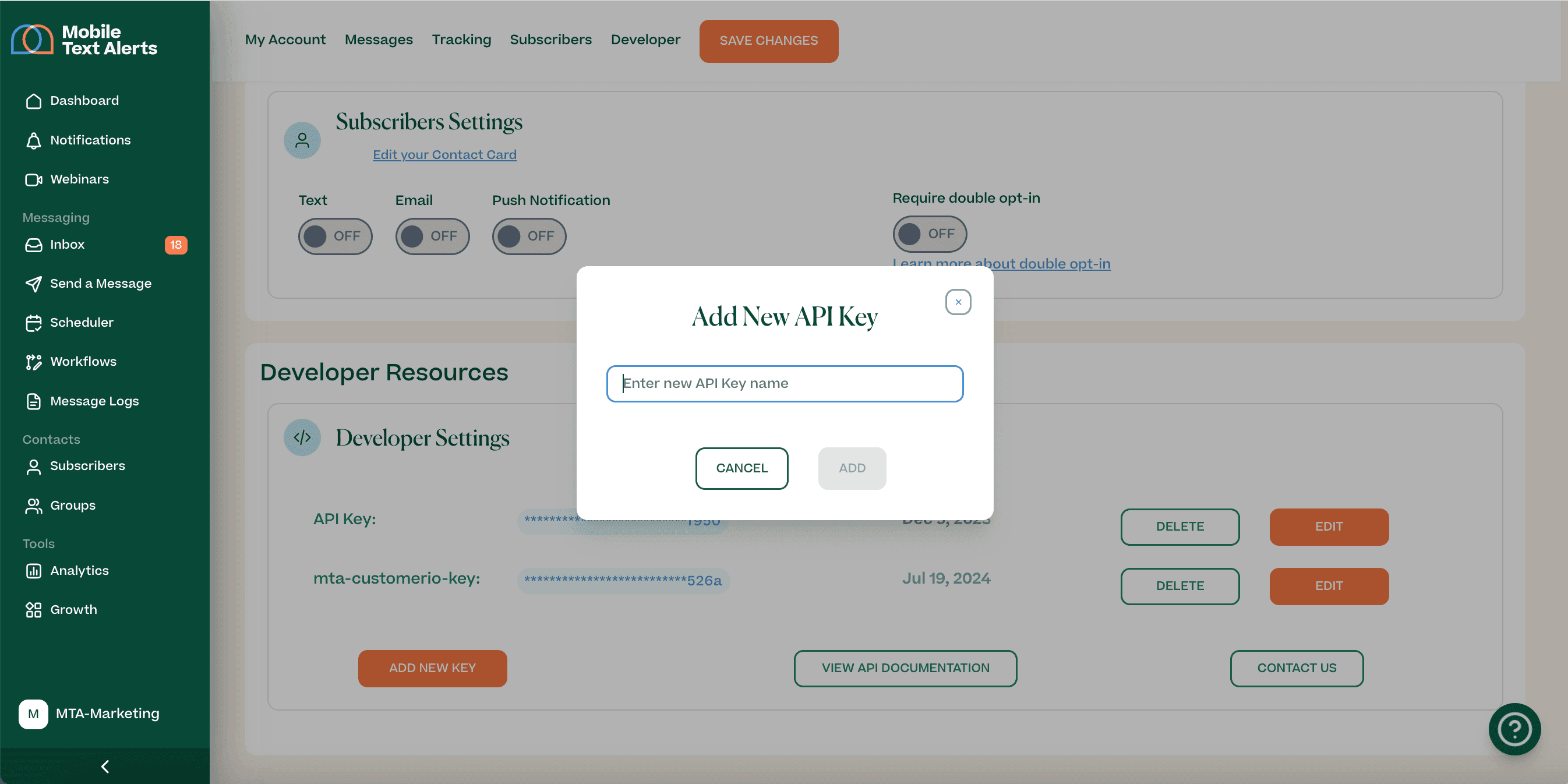 Screenshot of adding SMS API key