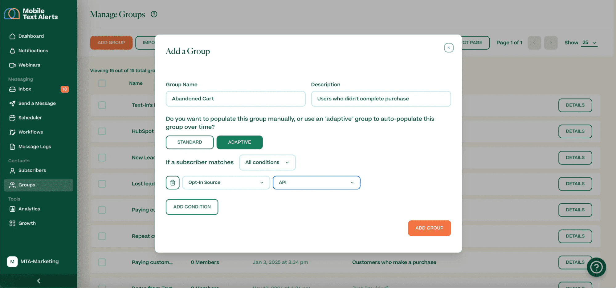 Screenshot showing creating a group in Mobile Text Alerts dashboard