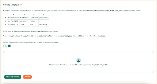 Screenshot of upload spreadsheet page