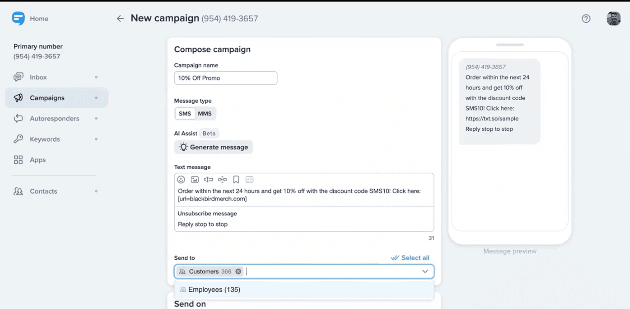 SimpleTexting message sending example