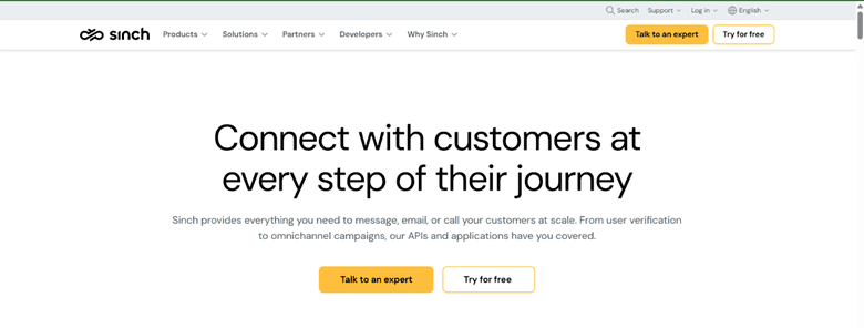 Screenshot of Sinch home page