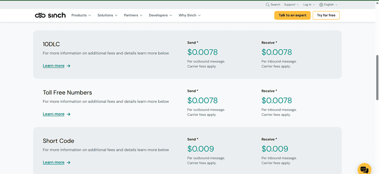 Screenshot of Sinch pricing