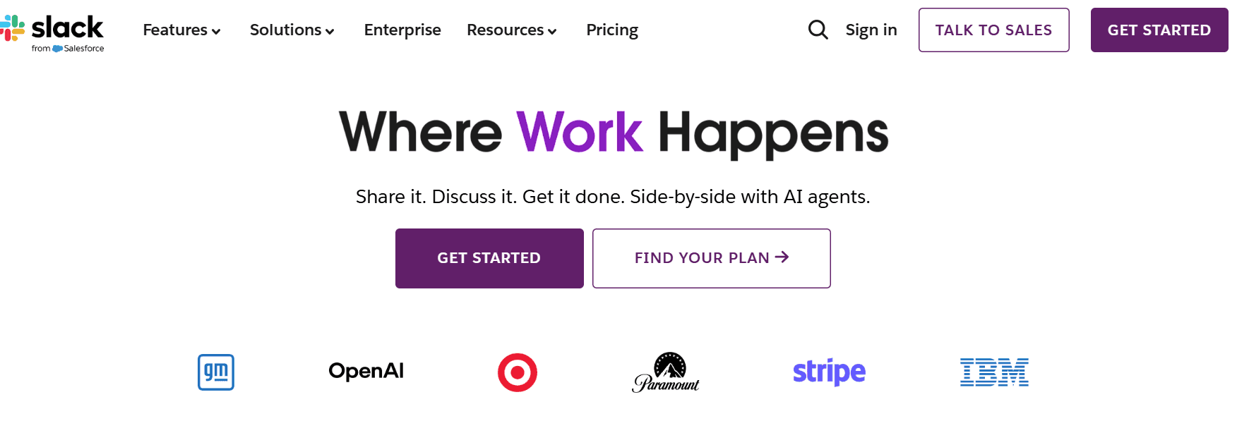 Screenshot of home page for Slack