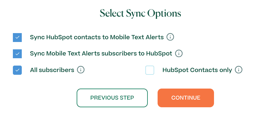 HubSpot and Mobile Text Alerts syncing options