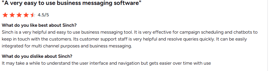 Screenshot of G2 review for Sinch