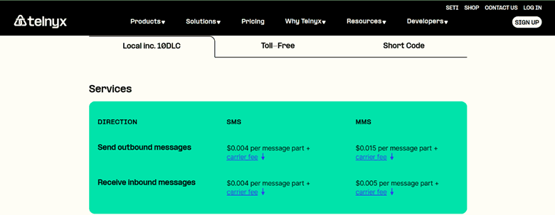 Screenshot of Telnyx pricing