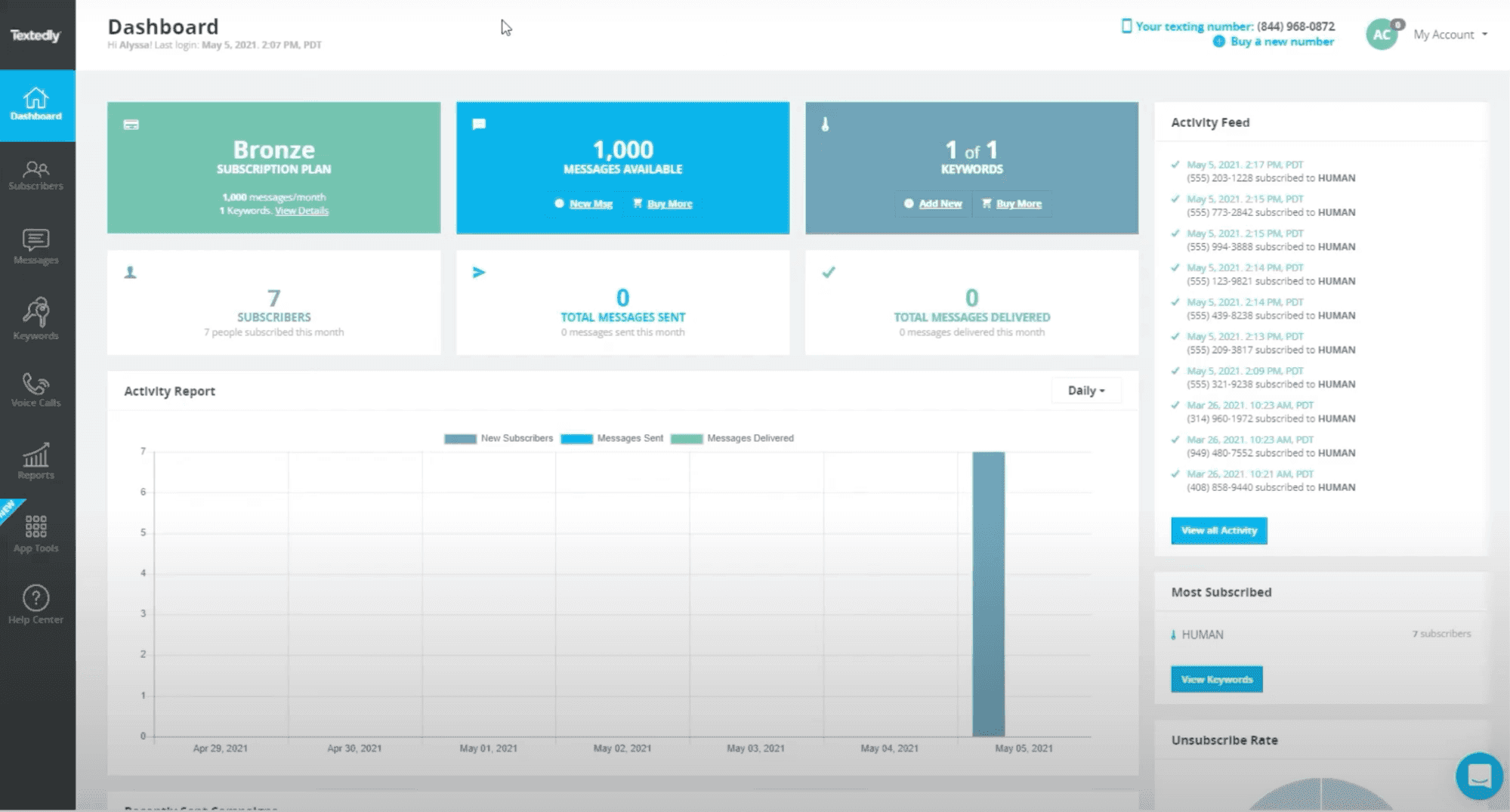 Screenshot of Textedly dashboard