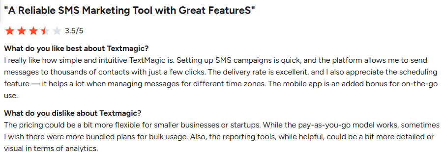 Screenshot of G2 review for Textmagic
