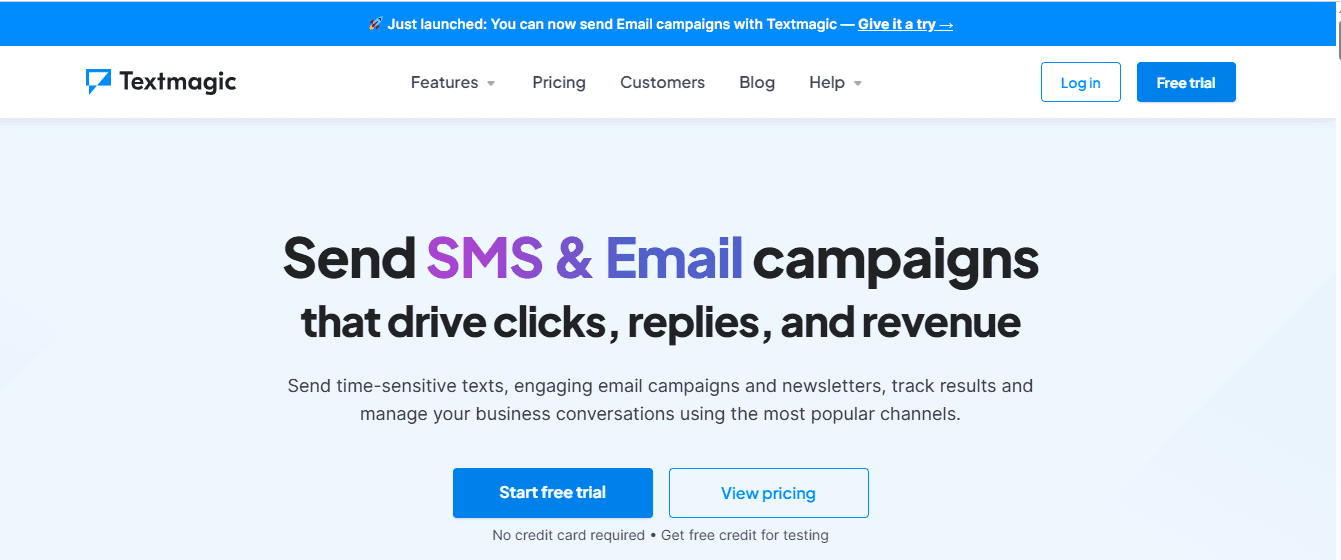 Screenshot of Textmagic home page