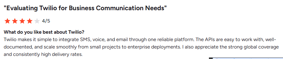 Screenshot of G2 review for Twilio