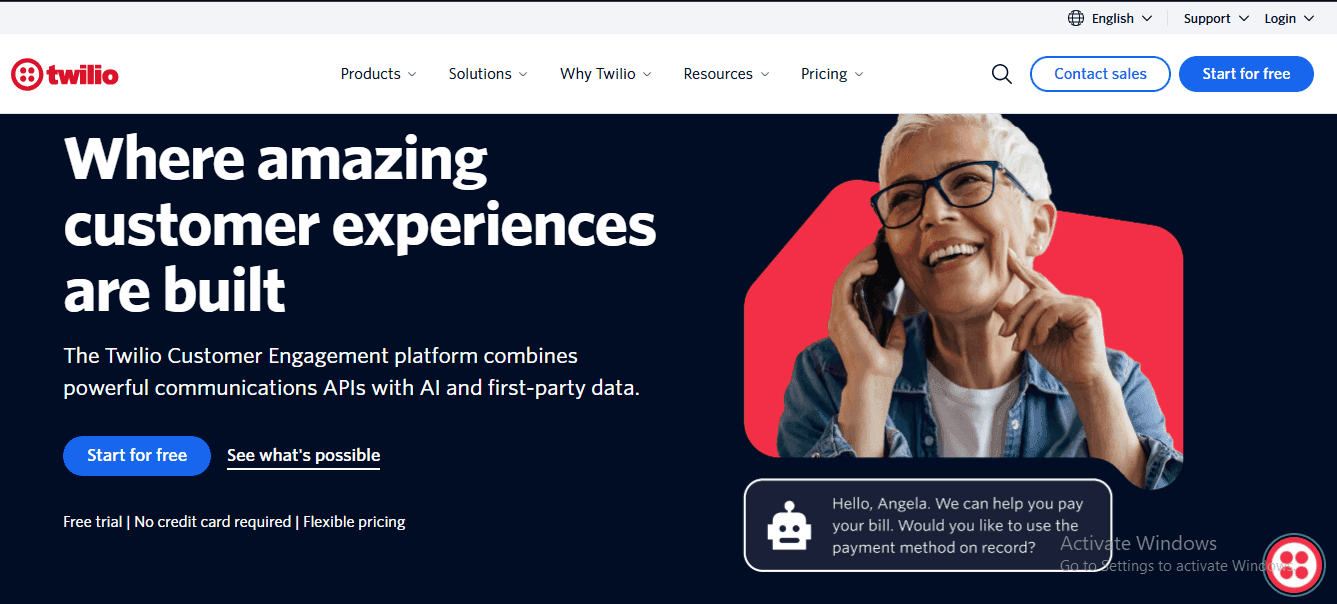 Screenshot of Twilio home page