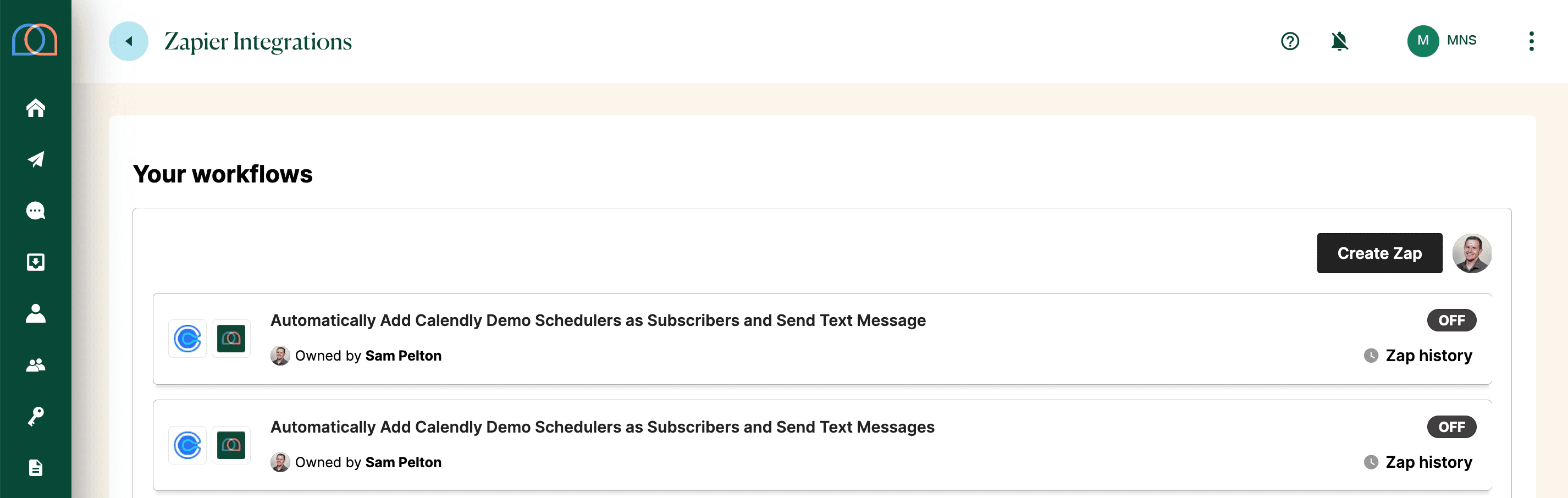 Screenshot from Mobile Text Alerts dashboard showing Zapier integration